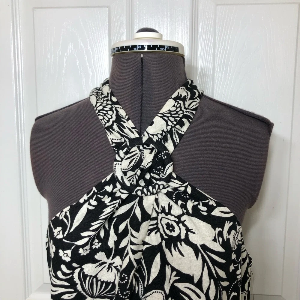 Maggy London Linen Blend Black Cream Floral Halter Pockets Lined Midi Dress 10 - Picture 4 of 16